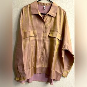 Women’s sheer gold and pewter colored button down blouse.